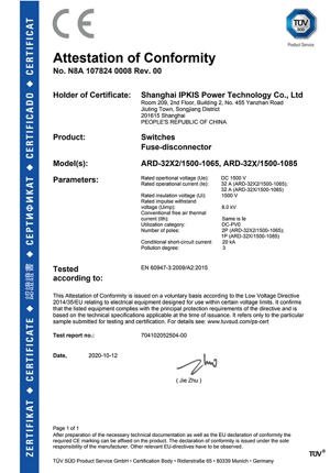 CE Certificate Switches Fuse-disconnector